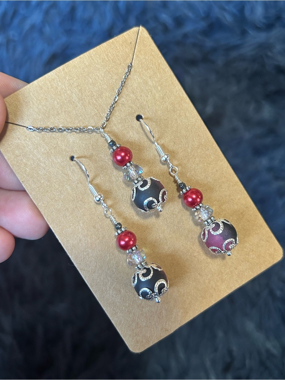 Handcrafted ombré crackle glass pearl crystal necklace and earring set